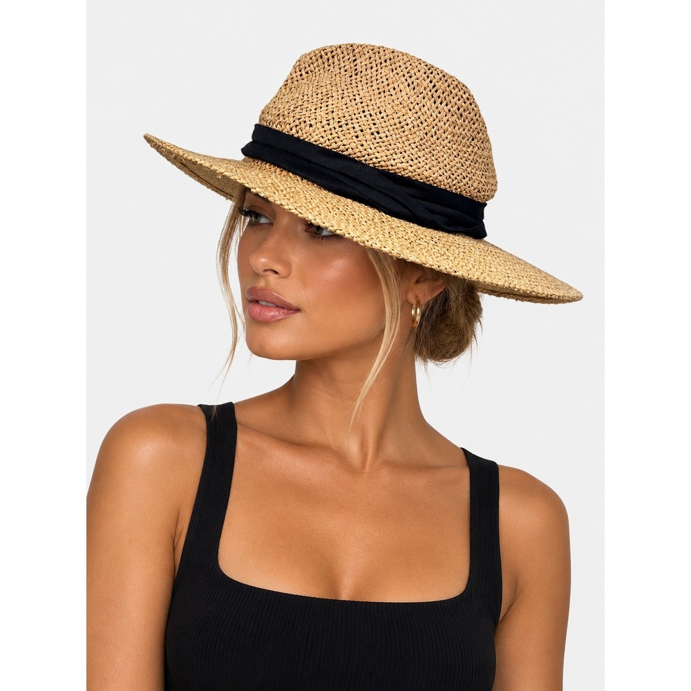 Torrid Tan Paper Straw Fedora Hat Black Ribbon Band S/M